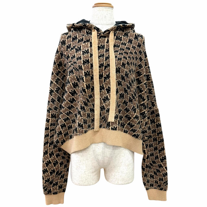 極美品△AMIRI アミリ AMロゴ モノグラム 総柄 クロップド フーディ ニット パーカー ブラウン系 IT 38 イタリア製 レディース