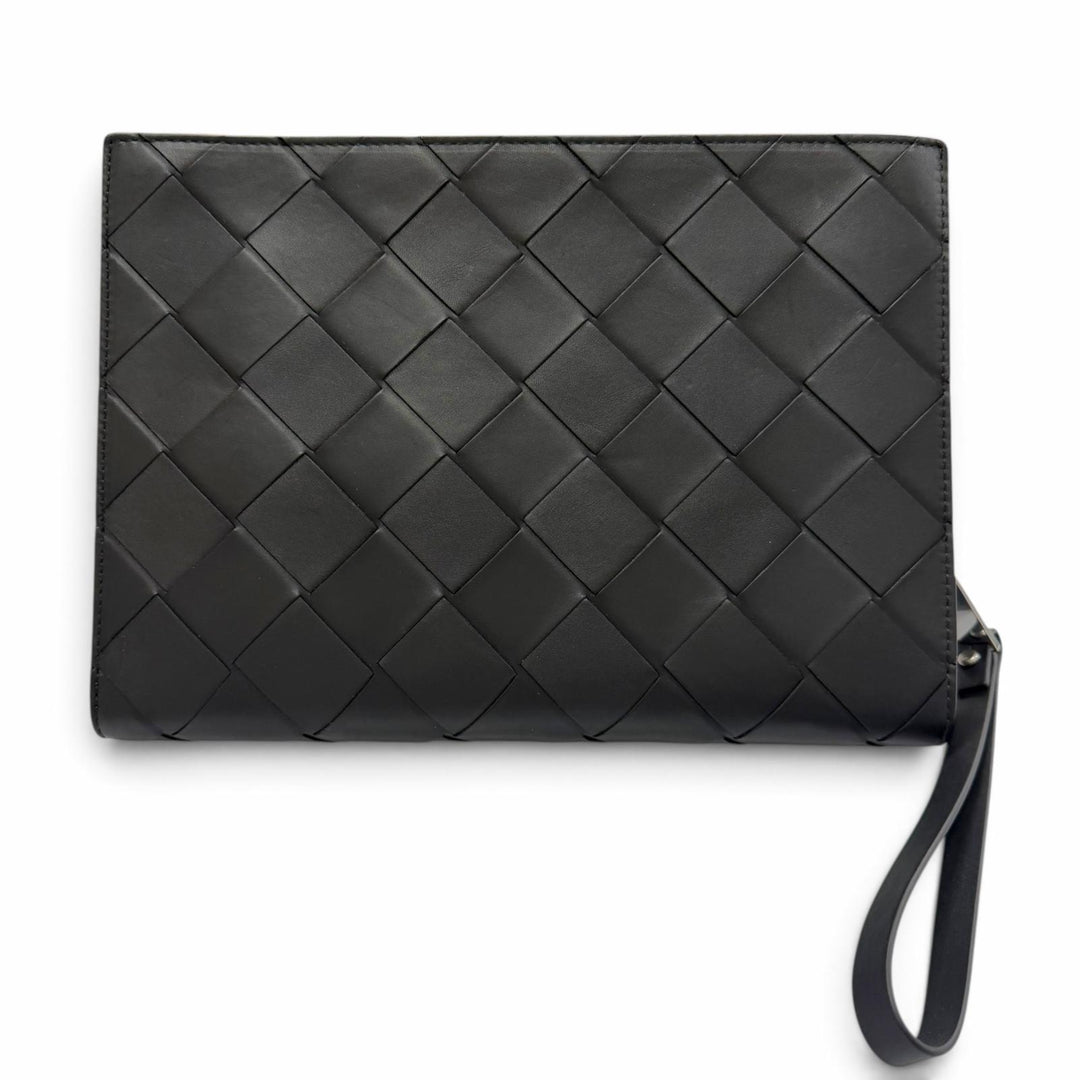 美品▼BOTTEGAVENETA ボッテガヴェネタ 629134 レザー マキシイントレチャート クラッチバッグ ブラック シルバー金具 伊製 保存袋付き