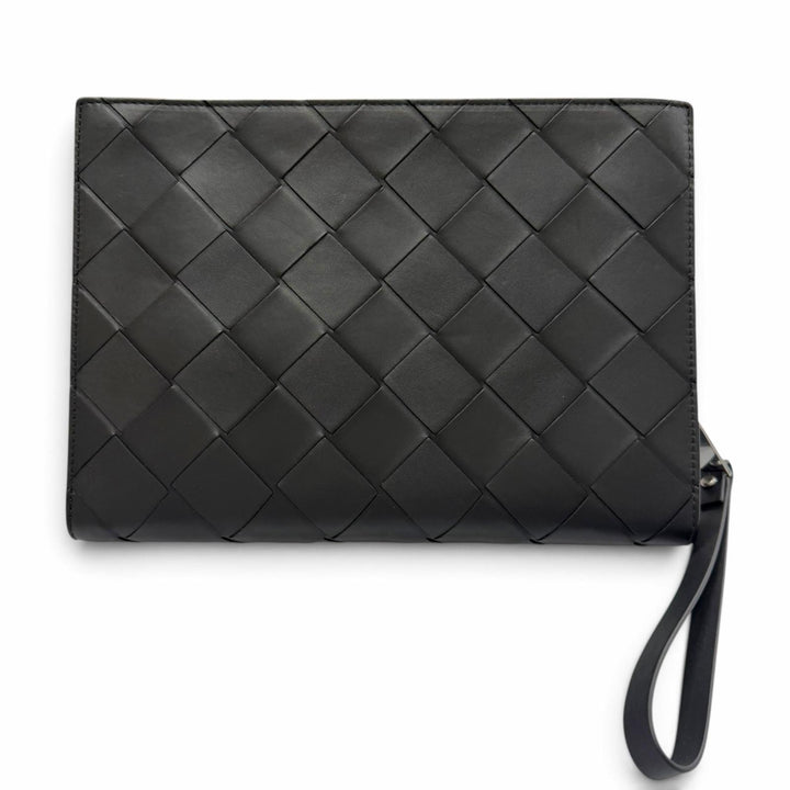 美品▼BOTTEGAVENETA ボッテガヴェネタ 629134 レザー マキシイントレチャート クラッチバッグ ブラック シルバー金具 伊製 保存袋付き