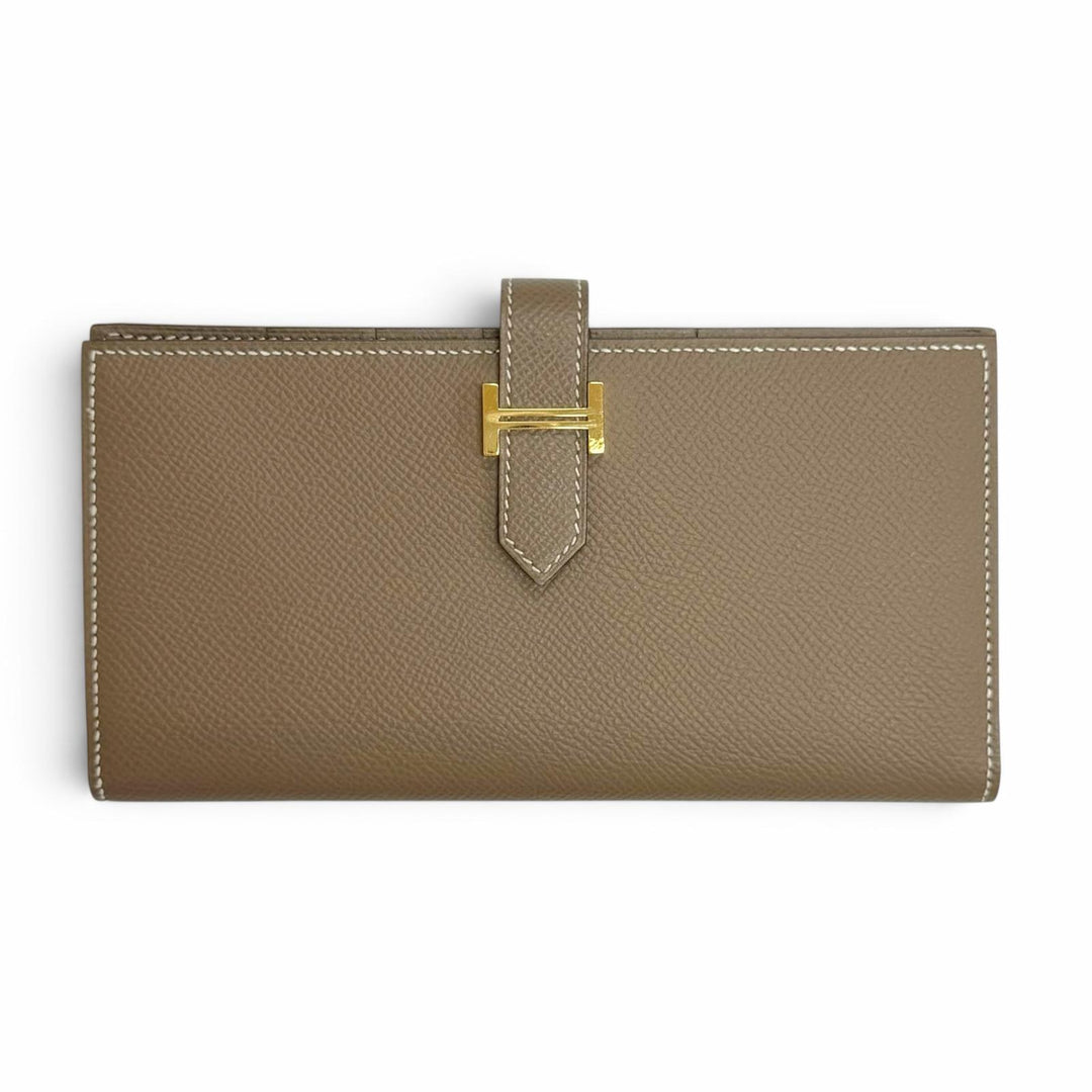 極美品△HERMES エルメス ベアンスフレ ヴォーエプソン エトゥープ ゴールド金具 二つ折り 長財布 D刻印 フランス製 レディース 箱付き