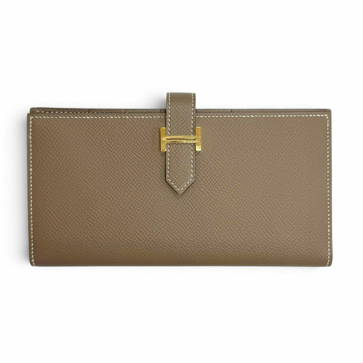 極美品△HERMES エルメス ベアンスフレ ヴォーエプソン エトゥープ ゴールド金具 二つ折り 長財布 D刻印 フランス製 レディース 箱付き