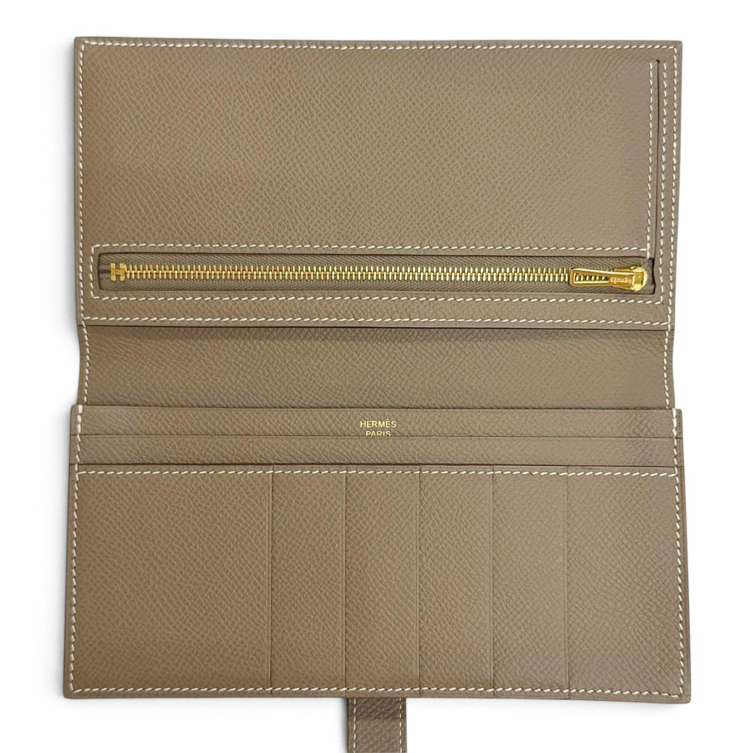 極美品△HERMES エルメス ベアンスフレ ヴォーエプソン エトゥープ ゴールド金具 二つ折り 長財布 D刻印 フランス製 レディース 箱付き