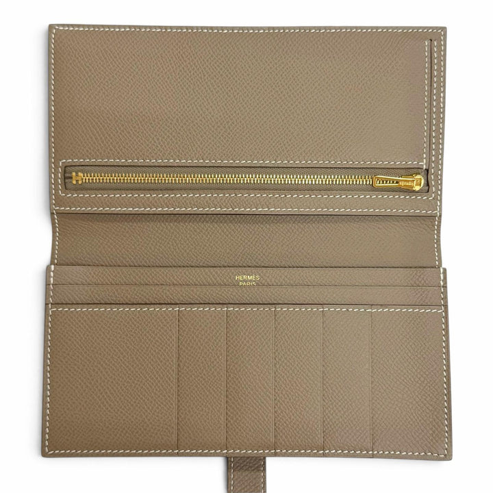 極美品△HERMES エルメス ベアンスフレ ヴォーエプソン エトゥープ ゴールド金具 二つ折り 長財布 D刻印 フランス製 レディース 箱付き