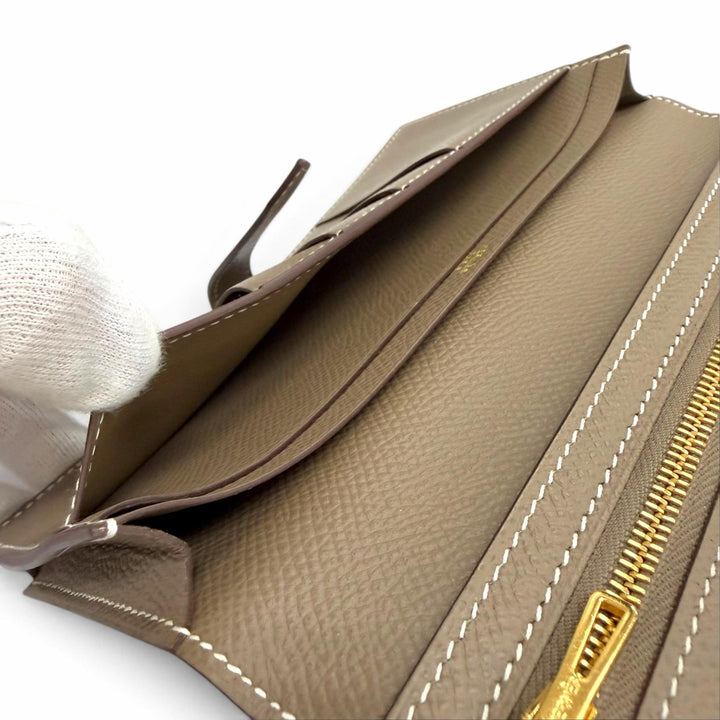 極美品△HERMES エルメス ベアンスフレ ヴォーエプソン エトゥープ ゴールド金具 二つ折り 長財布 D刻印 フランス製 レディース 箱付き