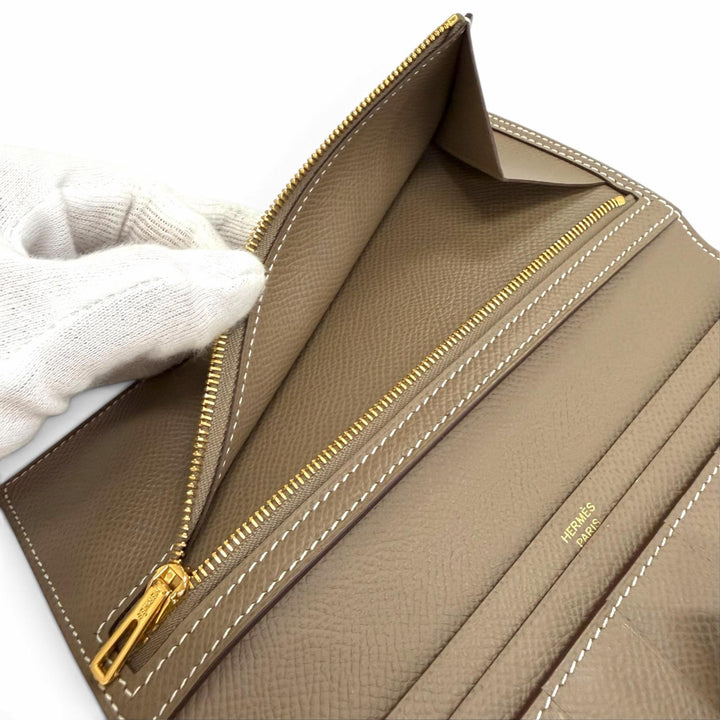 極美品△HERMES エルメス ベアンスフレ ヴォーエプソン エトゥープ ゴールド金具 二つ折り 長財布 D刻印 フランス製 レディース 箱付き