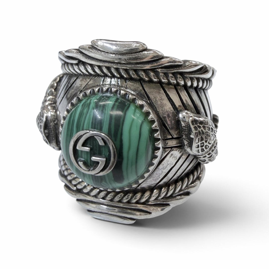 美品▼GUCCI グッチ AG925 インターロッキングG ガーデン スネーク タイガーヘッド リング 指輪 シルバー グリーン 14 JP14号 重量17.2g