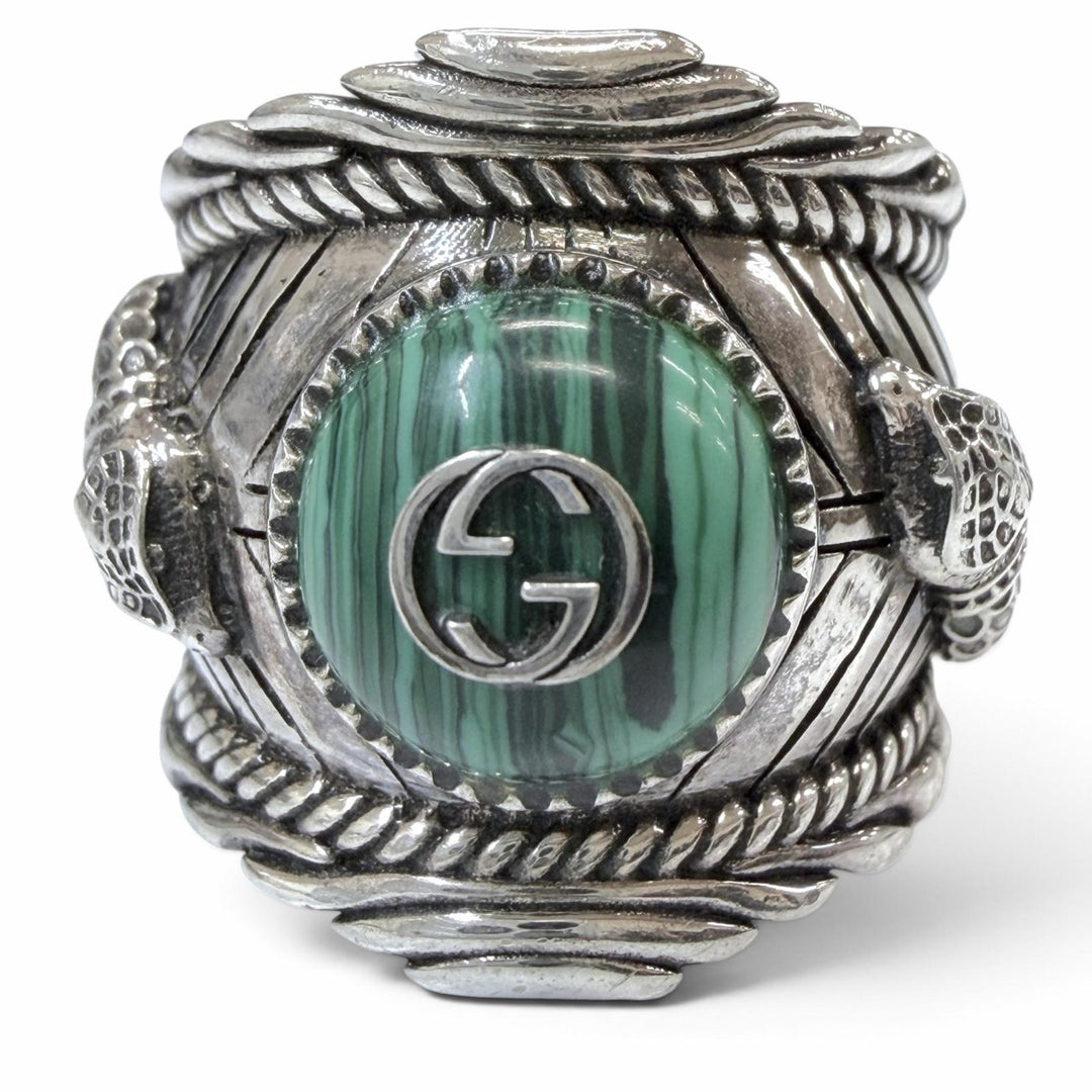 美品▼GUCCI グッチ AG925 インターロッキングG ガーデン スネーク タイガーヘッド リング 指輪 シルバー グリーン 14 JP14号 重量17.2g
