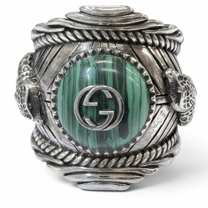美品▼GUCCI グッチ AG925 インターロッキングG ガーデン スネーク タイガーヘッド リング 指輪 シルバー グリーン 14 JP14号 重量17.2g