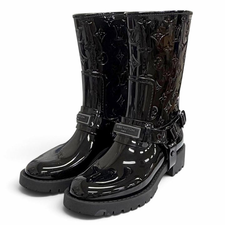 極美品△LOUIS VUITTON ルイヴィトン 1AHNHC ドロップス フラットハーフレインブーツ ラバー モノグラム ブラック IT 36 定価160600円