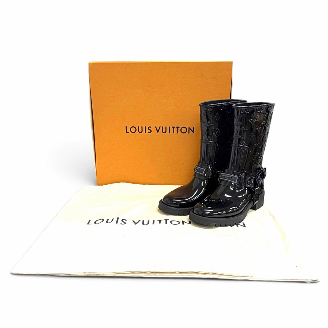 極美品△LOUIS VUITTON ルイヴィトン 1AHNHC ドロップス フラットハーフレインブーツ ラバー モノグラム ブラック IT 36 定価160600円