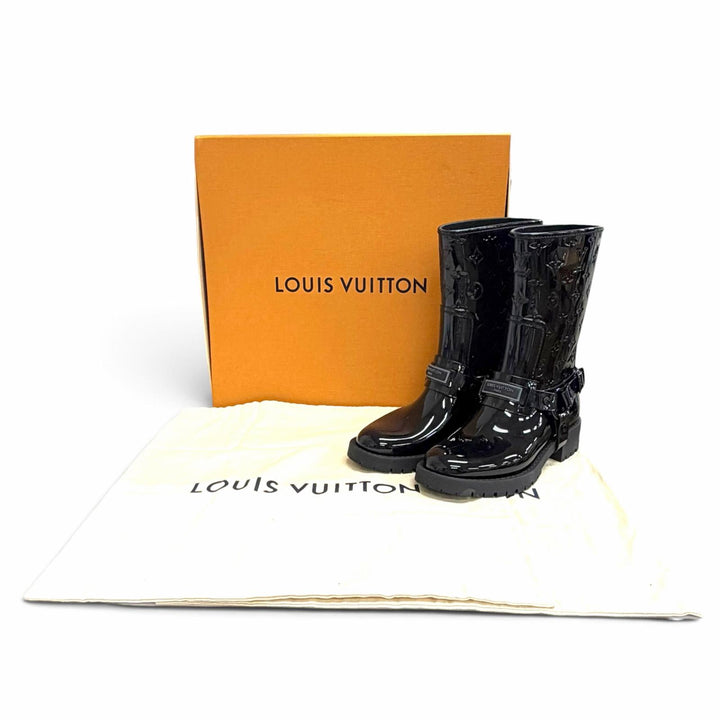 極美品△LOUIS VUITTON ルイヴィトン 1AHNHC ドロップス フラットハーフレインブーツ ラバー モノグラム ブラック IT 36 定価160600円