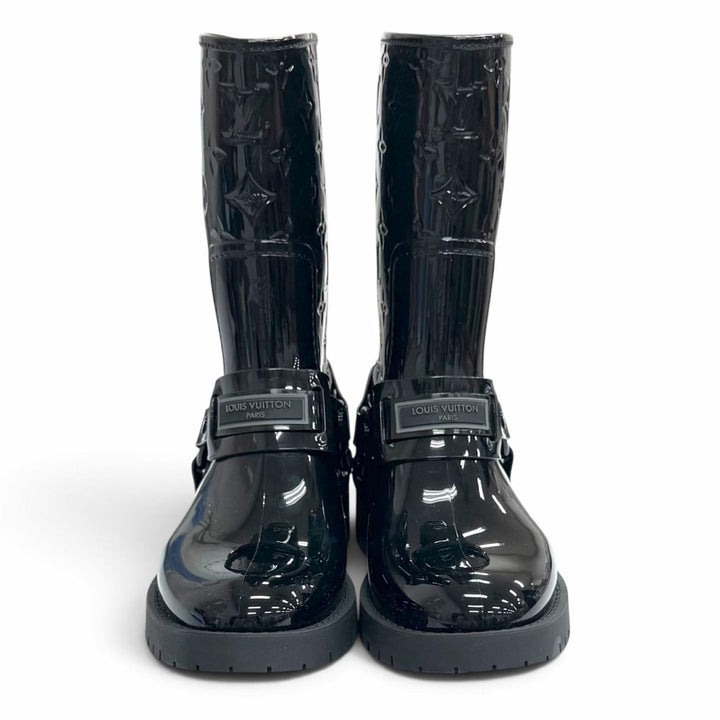 極美品△LOUIS VUITTON ルイヴィトン 1AHNHC ドロップス フラットハーフレインブーツ ラバー モノグラム ブラック IT 36 定価160600円