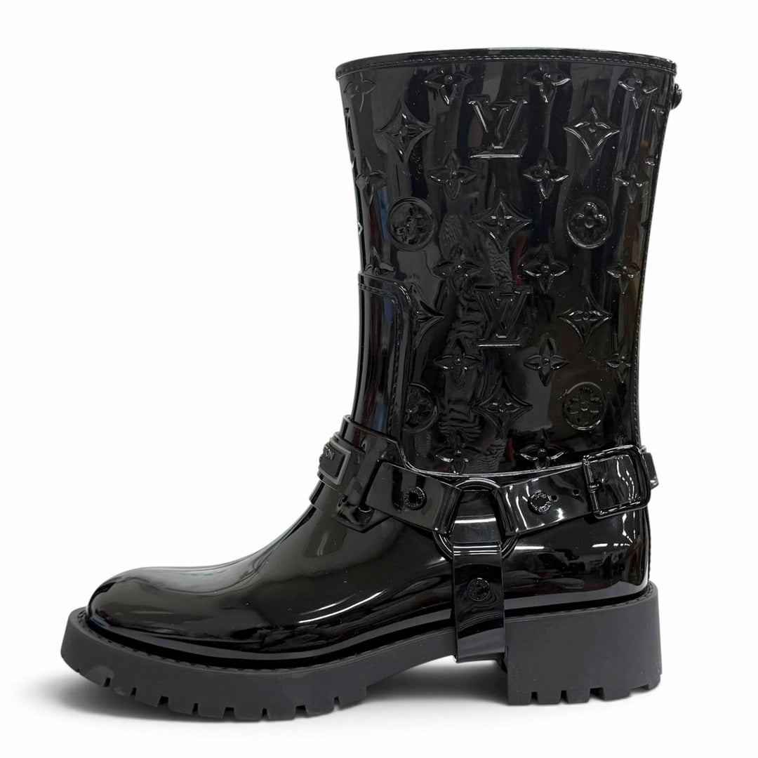 極美品△LOUIS VUITTON ルイヴィトン 1AHNHC ドロップス フラットハーフレインブーツ ラバー モノグラム ブラック IT 36 定価160600円