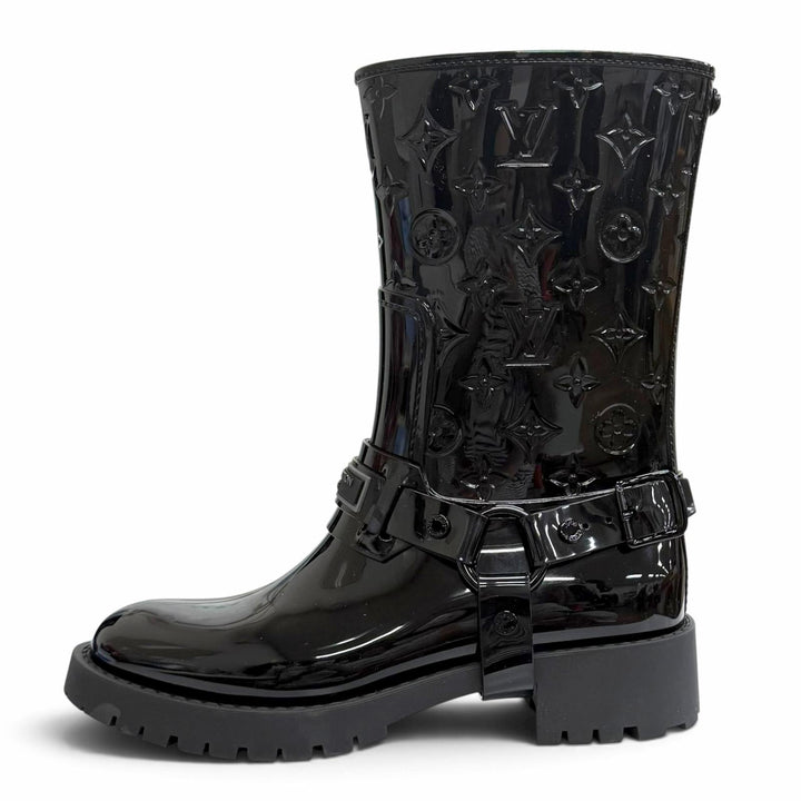 極美品△LOUIS VUITTON ルイヴィトン 1AHNHC ドロップス フラットハーフレインブーツ ラバー モノグラム ブラック IT 36 定価160600円