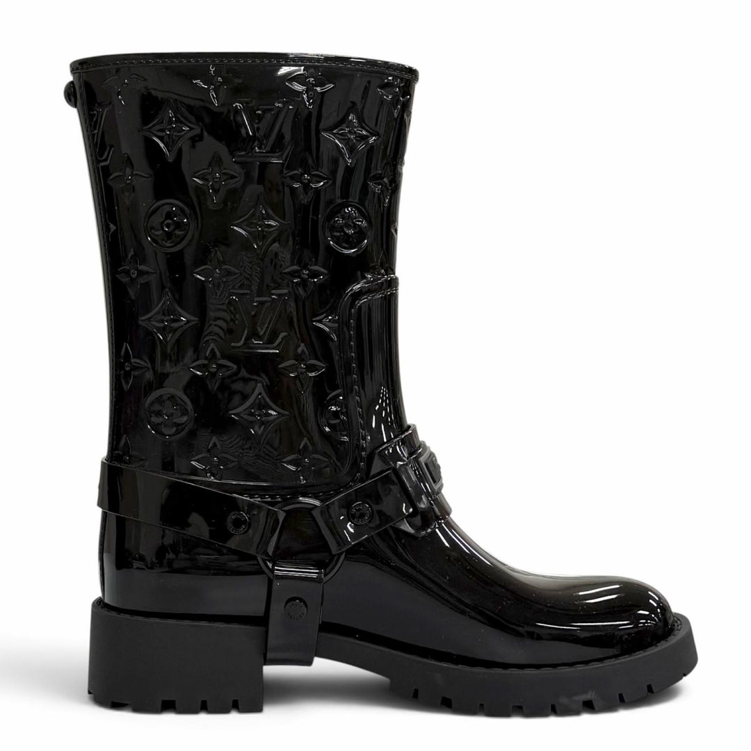 極美品△LOUIS VUITTON ルイヴィトン 1AHNHC ドロップス フラットハーフレインブーツ ラバー モノグラム ブラック IT 36 定価160600円