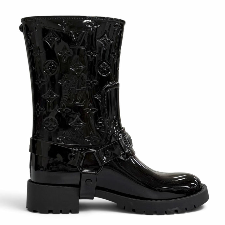 極美品△LOUIS VUITTON ルイヴィトン 1AHNHC ドロップス フラットハーフレインブーツ ラバー モノグラム ブラック IT 36 定価160600円