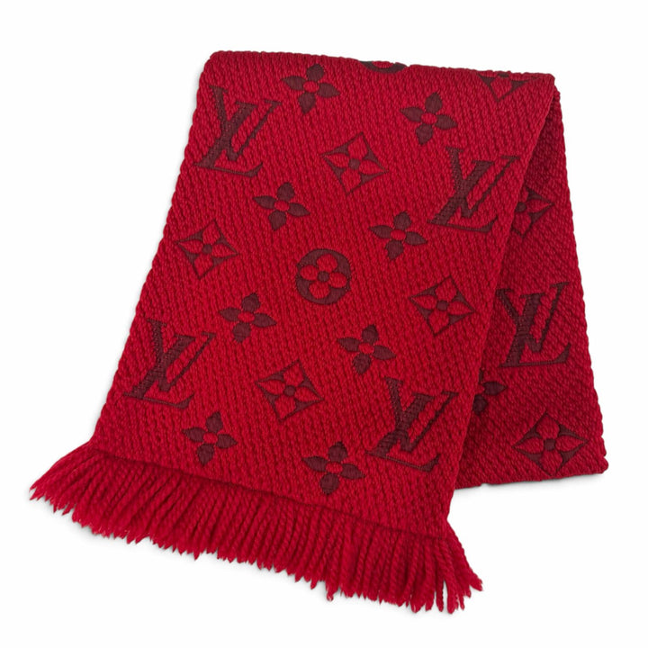 美品△LOUIS VUITTON ルイヴィトン M72432 エシャルプ ロゴマニア ウール シルク ルビー モノグラム フリンジ マフラー 伊製 正規品
