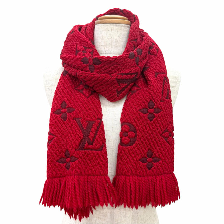 美品△LOUIS VUITTON ルイヴィトン M72432 エシャルプ ロゴマニア ウール シルク ルビー モノグラム フリンジ マフラー 伊製 正規品