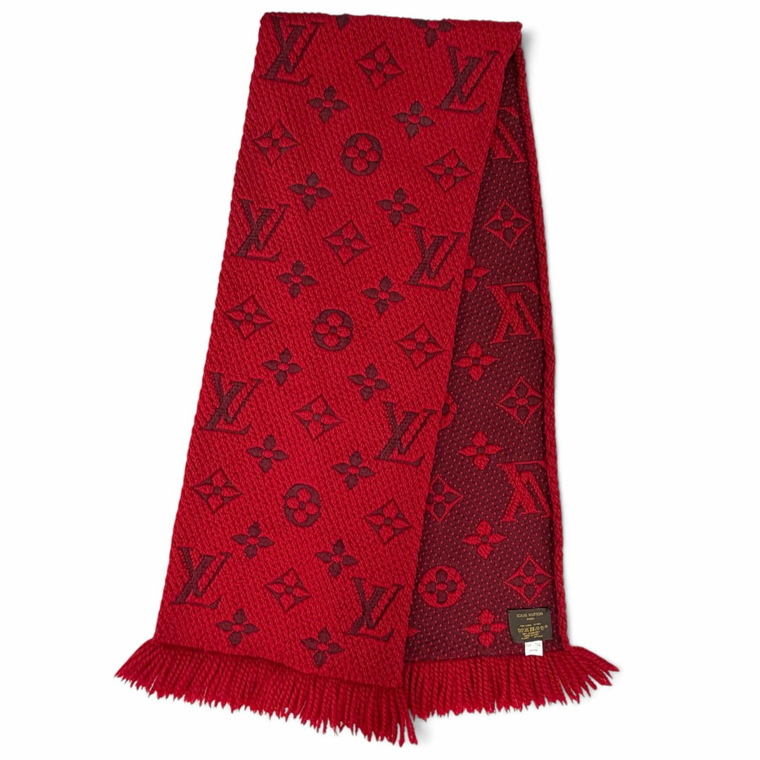 美品△LOUIS VUITTON ルイヴィトン M72432 エシャルプ ロゴマニア ウール シルク ルビー モノグラム フリンジ マフラー 伊製 正規品