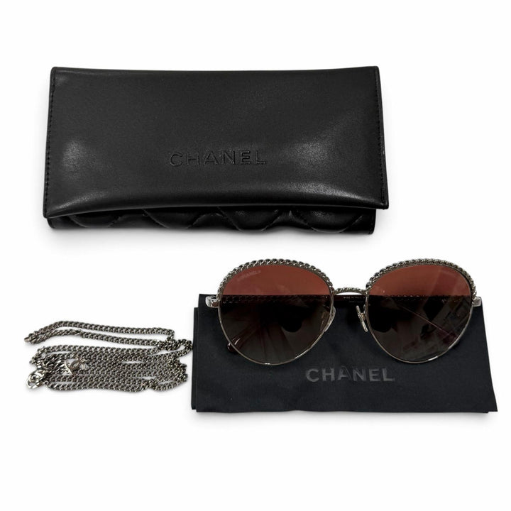 美品★CHANEL シャネル 4242 ココマーク チェーン付 パントシェイプ グラデーションレンズ サングラス ブラウン シルバー金具 55□17 135