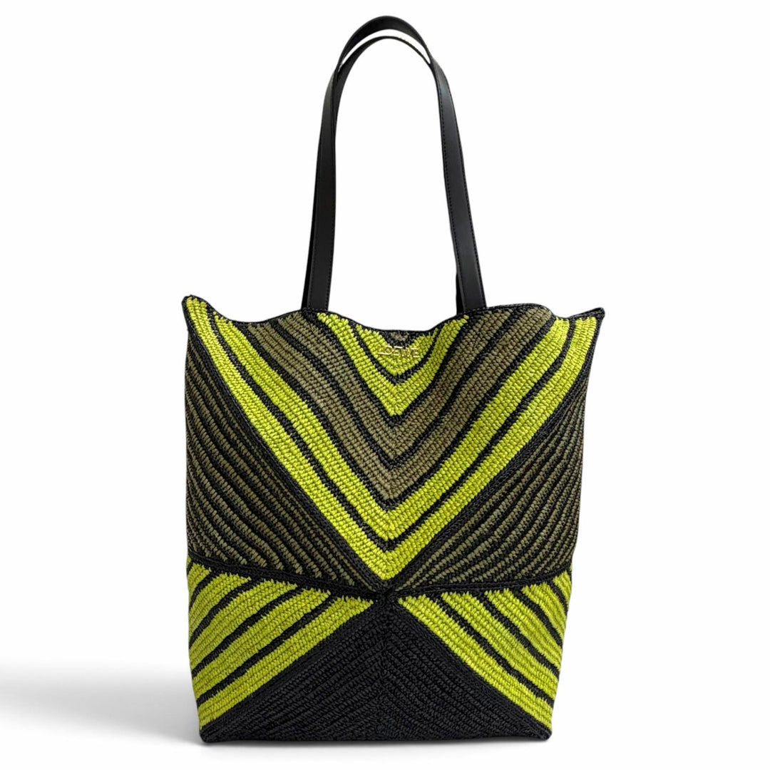 未使用品△LOEWE ロエベ B779Q18X17 パズルフォルド XL トートバッグ ラフィア レザー ロゴ金具 ブラック グリーン ゴールド金具 袋付き
