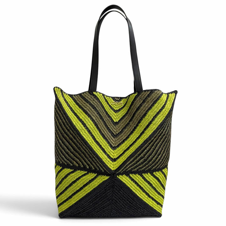 未使用品△LOEWE ロエベ B779Q18X17 パズルフォルド XL トートバッグ ラフィア レザー ロゴ金具 ブラック グリーン ゴールド金具 袋付き