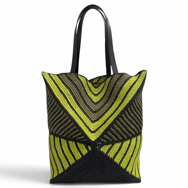 未使用品△LOEWE ロエベ B779Q18X17 パズルフォルド XL トートバッグ ラフィア レザー ロゴ金具 ブラック グリーン ゴールド金具 袋付き