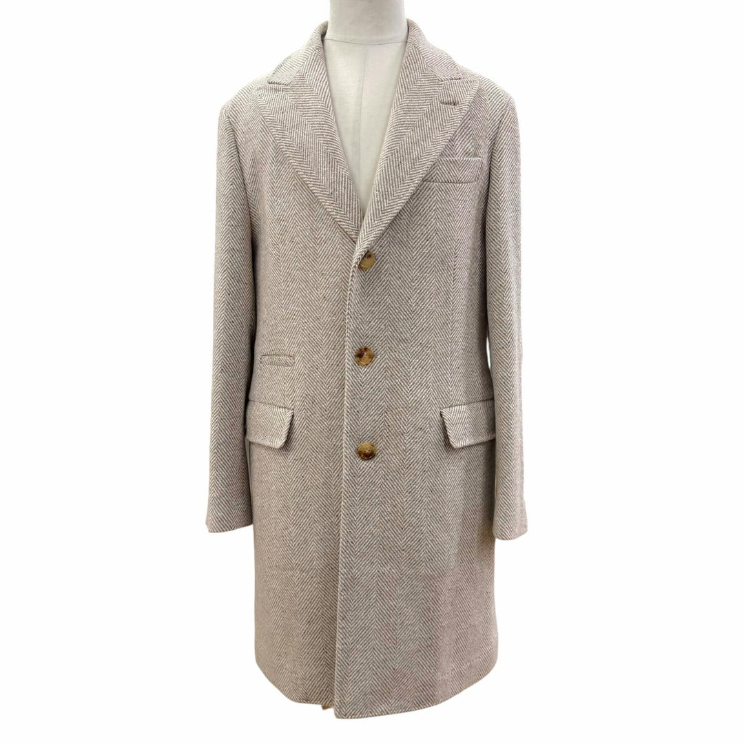 極美品▼Brunello Cucinelli ブルネロクチネリ ウール カシミヤ ヘリンボーン柄 ロゴ入りボタン シングル チェスターコート IT 48 正規品