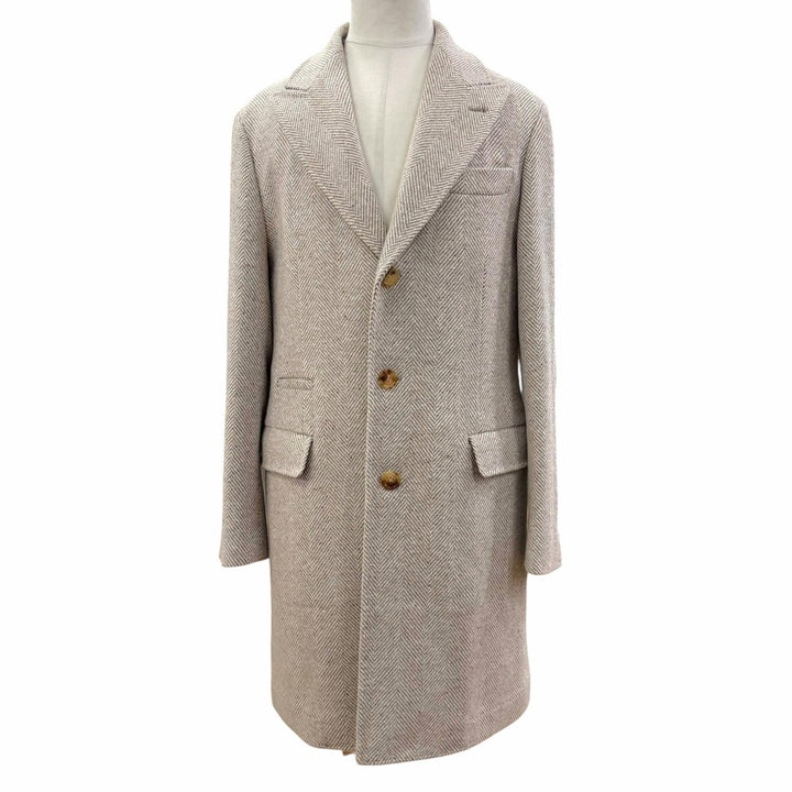 極美品▼Brunello Cucinelli ブルネロクチネリ ウール カシミヤ ヘリンボーン柄 ロゴ入りボタン シングル チェスターコート IT 48 正規品