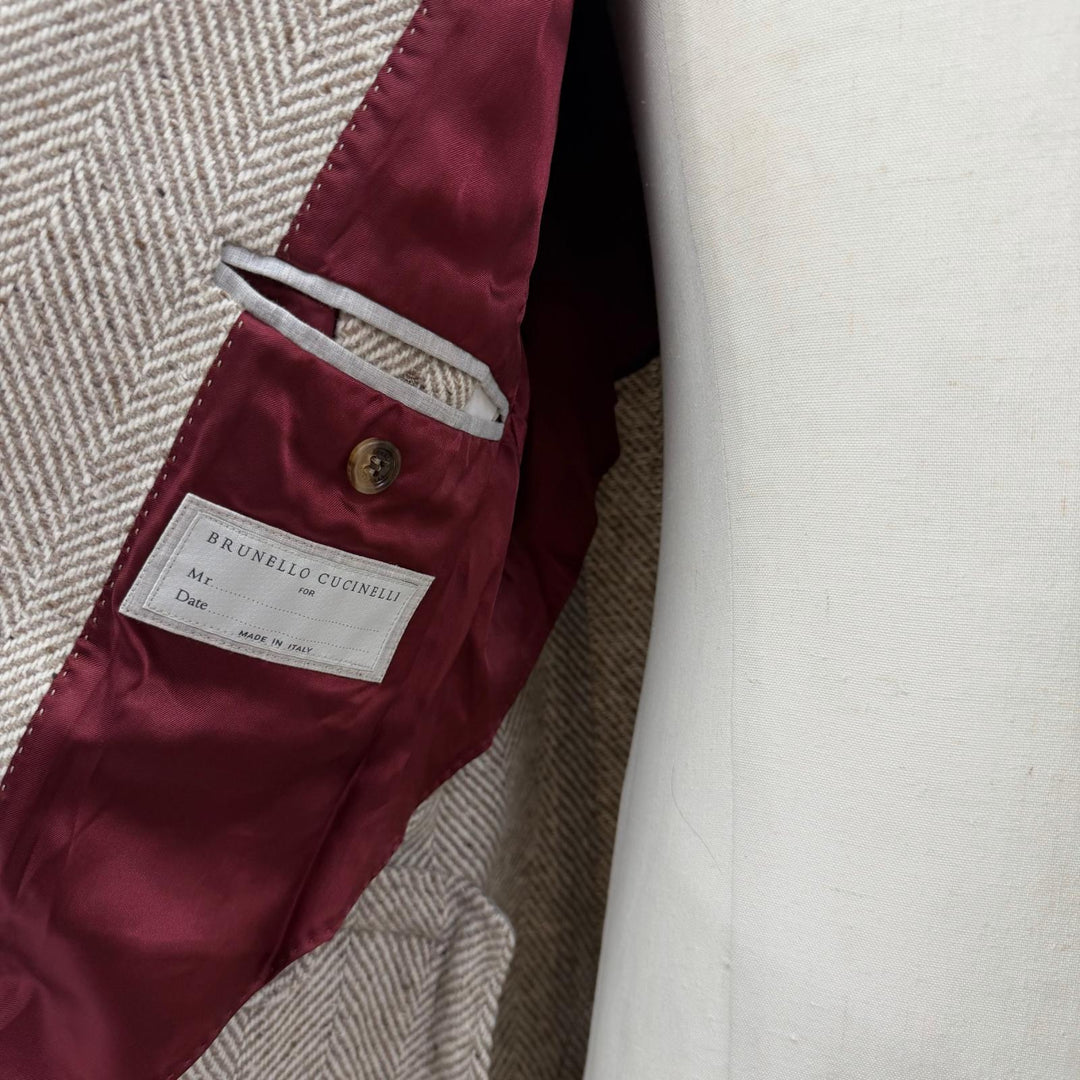 極美品▼Brunello Cucinelli ブルネロクチネリ ウール カシミヤ ヘリンボーン柄 ロゴ入りボタン シングル チェスターコート IT 48 正規品