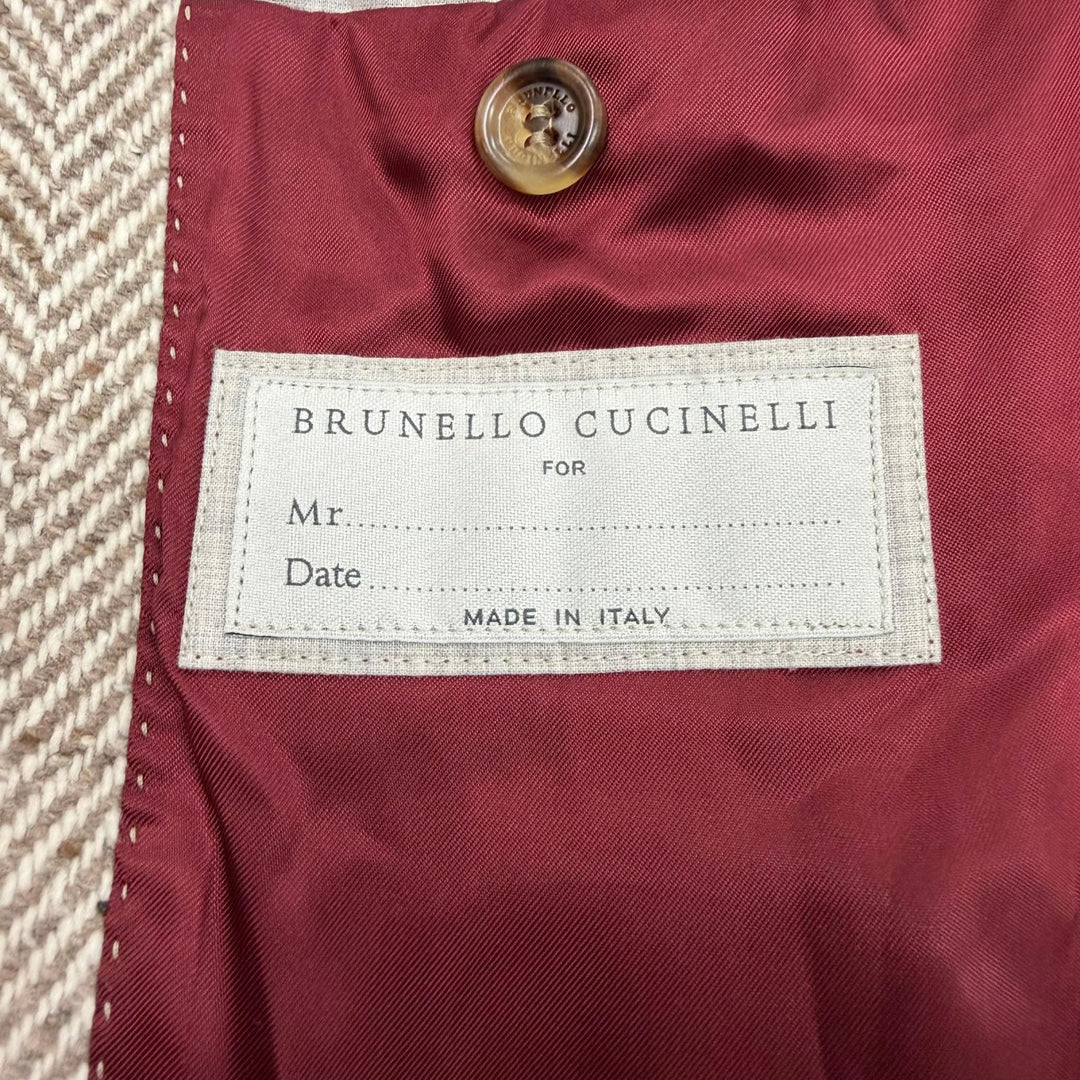 極美品▼Brunello Cucinelli ブルネロクチネリ ウール カシミヤ ヘリンボーン柄 ロゴ入りボタン シングル チェスターコート IT 48 正規品