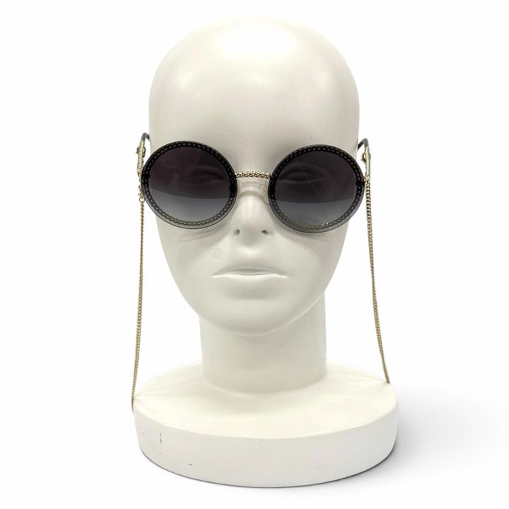 美品★CHANEL シャネル 4245 チェーングラスコード付 ココマーク ラウンド サングラス ブラック ゴールド 58□18 135 イタリア製