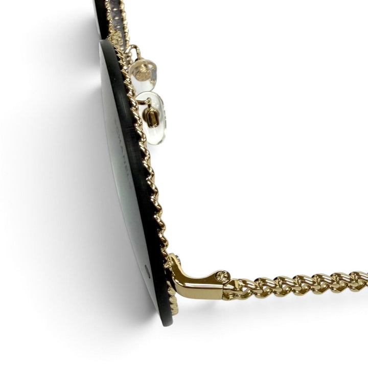美品★CHANEL シャネル 4245 チェーングラスコード付 ココマーク ラウンド サングラス ブラック ゴールド 58□18 135 イタリア製