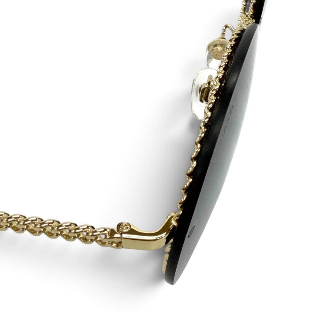 美品★CHANEL シャネル 4245 チェーングラスコード付 ココマーク ラウンド サングラス ブラック ゴールド 58□18 135 イタリア製