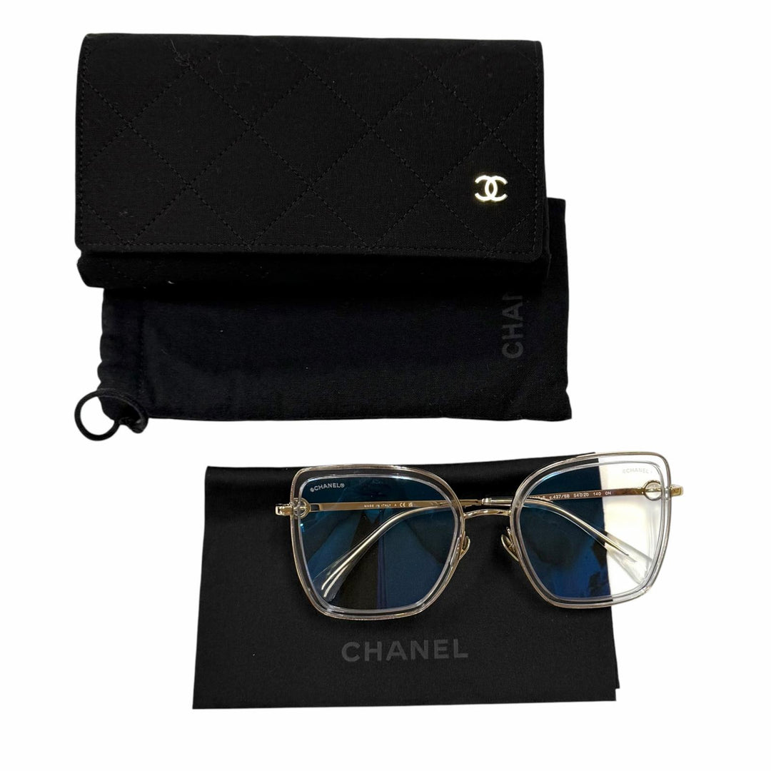 美品★CHANEL シャネル 2222-S バタフライ シェイプ オプティカル ロゴ入り メガネ 眼鏡 アイウェア ゴールド クリア 54□20 140 袋付