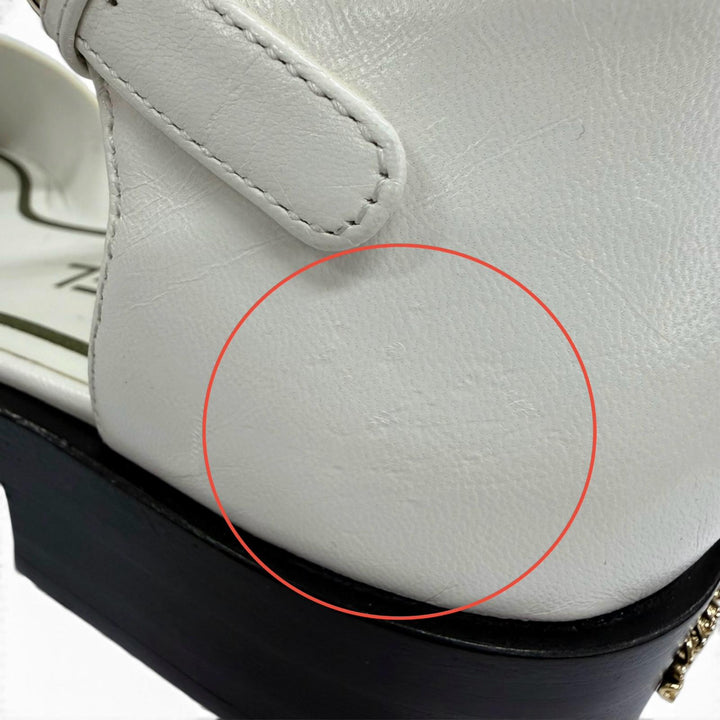 美品☆CHANEL シャネル G39858 メリージェーン ココマーク チェーン レザー アンクルストラップ パンプス ホワイト ブラック 37 保存袋付