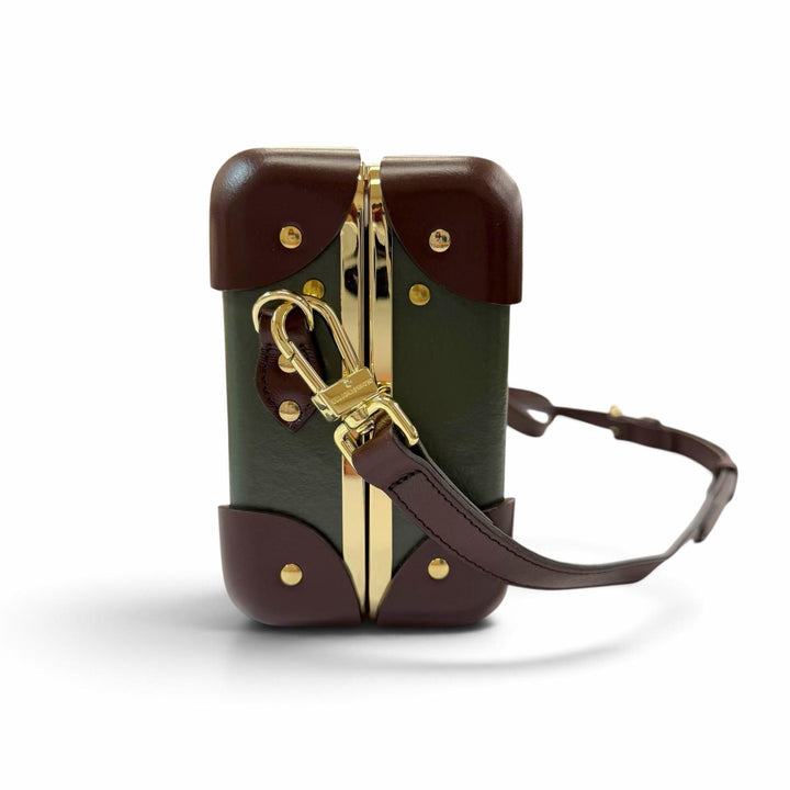 美品▼GLOBE TROTTER グローブトロッター センテナリー マイクロケース レザー 2WAY ショルダーバッグ グリーン ブラウン 定価297000円