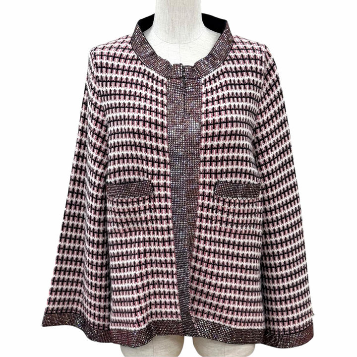 極美品★CHANEL シャネル P41327 カシミヤ100％ ココマーク ラインストーン装飾 総柄 ジャケット ピンク EU 42 英国製 レディース