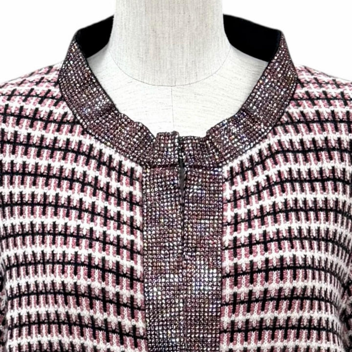 極美品★CHANEL シャネル P41327 カシミヤ100％ ココマーク ラインストーン装飾 総柄 ジャケット ピンク EU 42 英国製 レディース