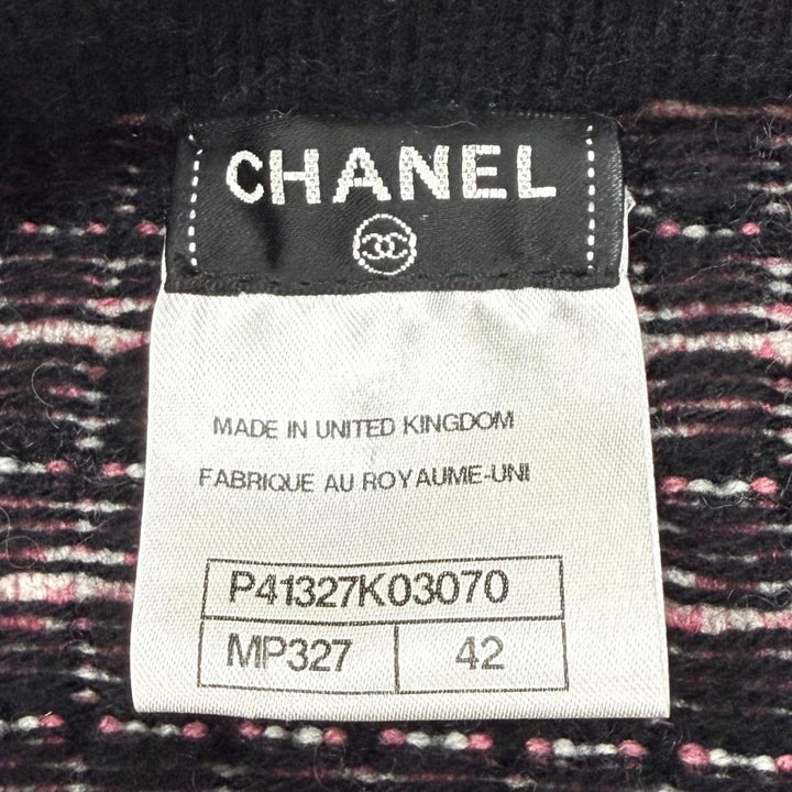 極美品★CHANEL シャネル P41327 カシミヤ100％ ココマーク ラインストーン装飾 総柄 ジャケット ピンク EU 42 英国製 レディース