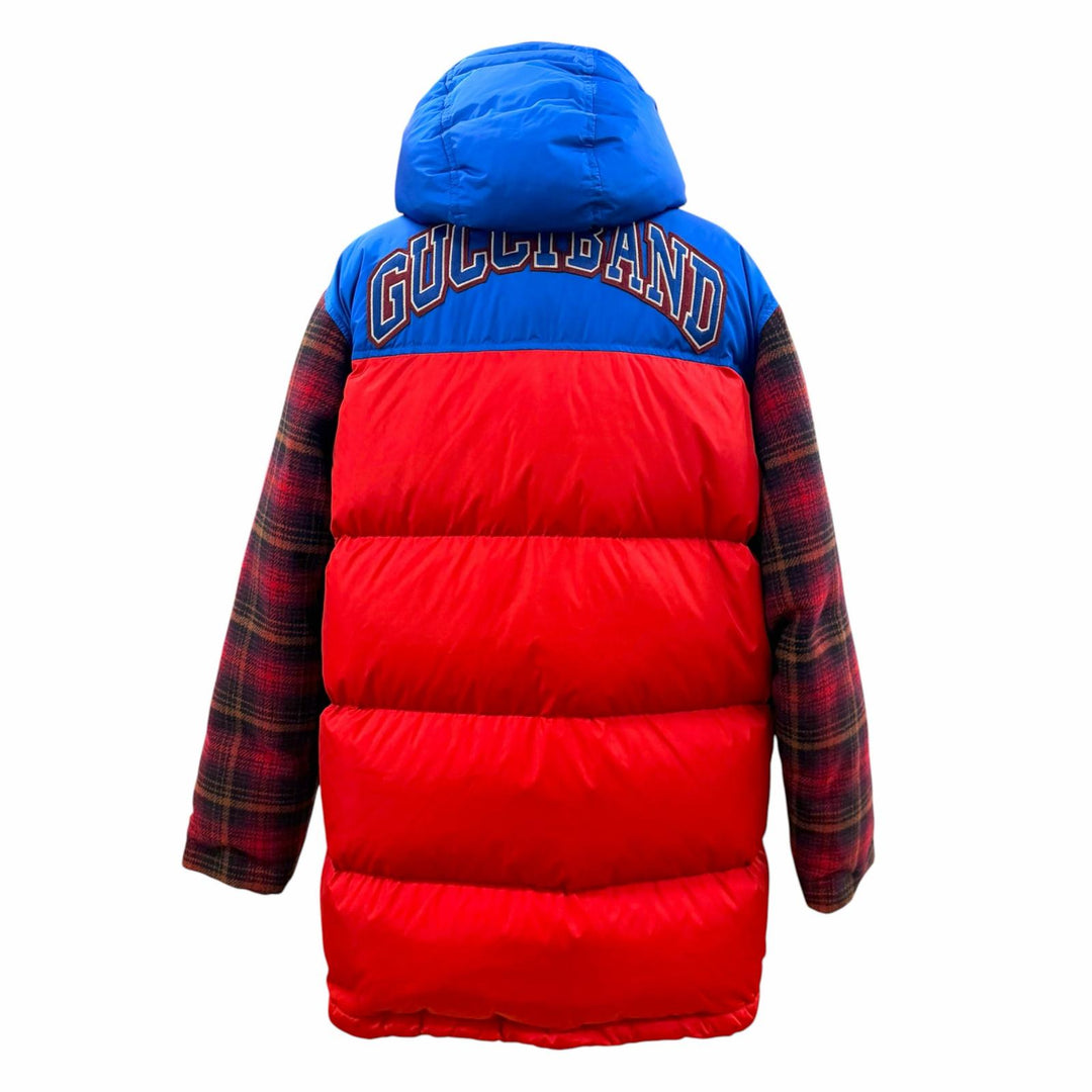 美品▼GUCCI グッチ 585393 袖チェック柄 素材切替 ロゴワッペン フーデッド ダウンジャケット ブルー レッド IT 46 伊製 正規品 メンズ