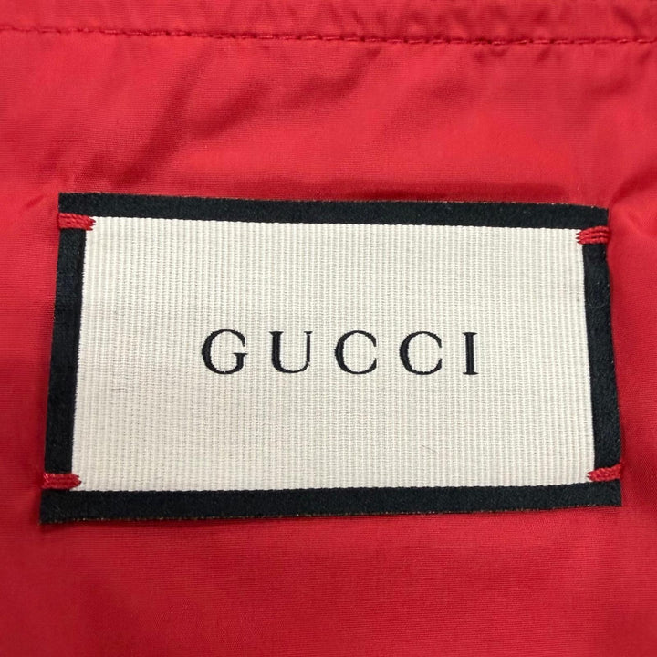美品▼GUCCI グッチ 585393 袖チェック柄 素材切替 ロゴワッペン フーデッド ダウンジャケット ブルー レッド IT 46 伊製 正規品 メンズ
