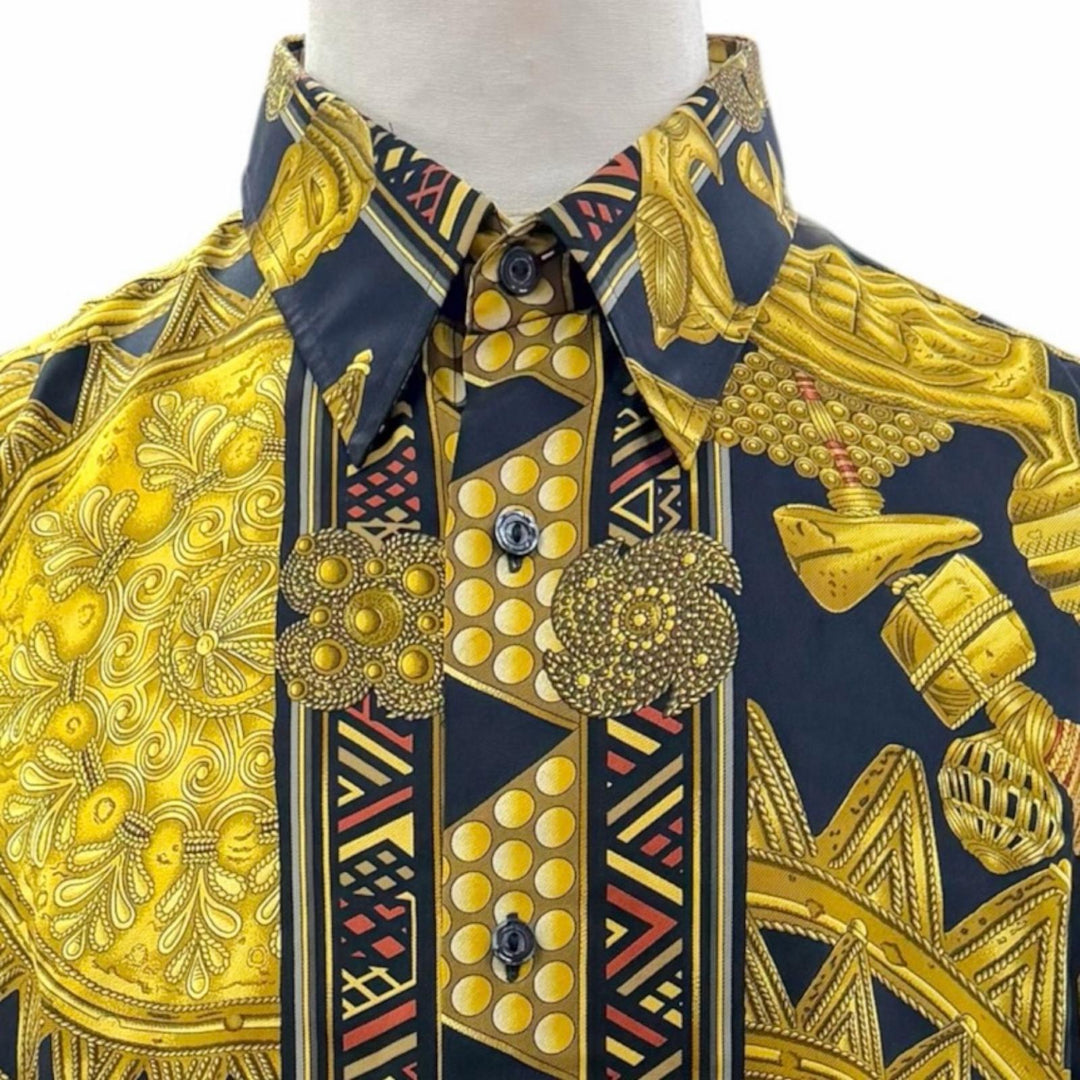 美品▼HERMES エルメス ヴィンテージ L’OR DES CHEFS シルク100% 総柄 セリエボタン 長袖シャツ ブラック イエロー 43 正規品 メンズ