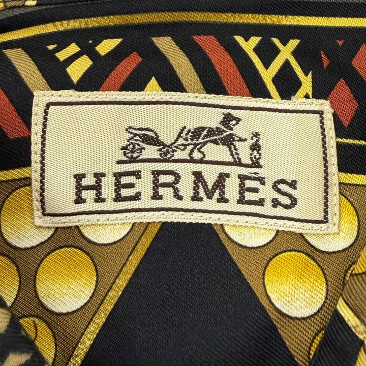 美品▼HERMES エルメス ヴィンテージ L’OR DES CHEFS シルク100% 総柄 セリエボタン 長袖シャツ ブラック イエロー 43 正規品 メンズ