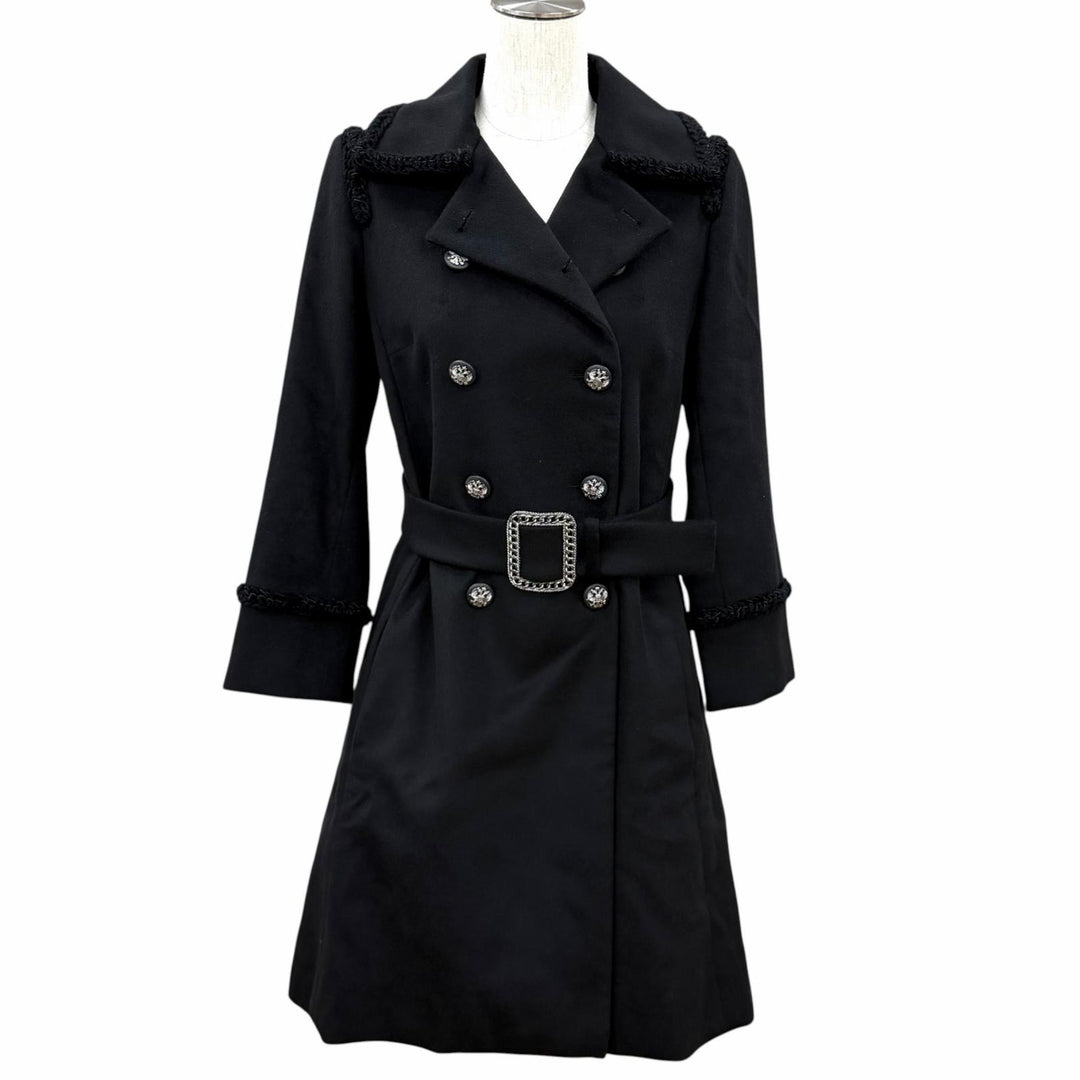 極美品★CHANEL シャネル P36033 カシミヤ100％ ココマークボタン チェーンデザインバックル ダブルブレスト コート ブラック 36 正規品