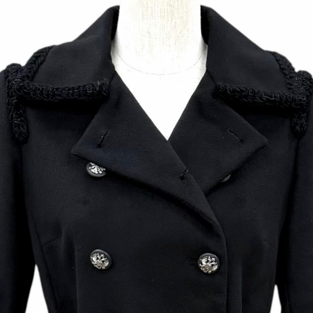 極美品★CHANEL シャネル P36033 カシミヤ100％ ココマークボタン チェーンデザインバックル ダブルブレスト コート ブラック 36 正規品