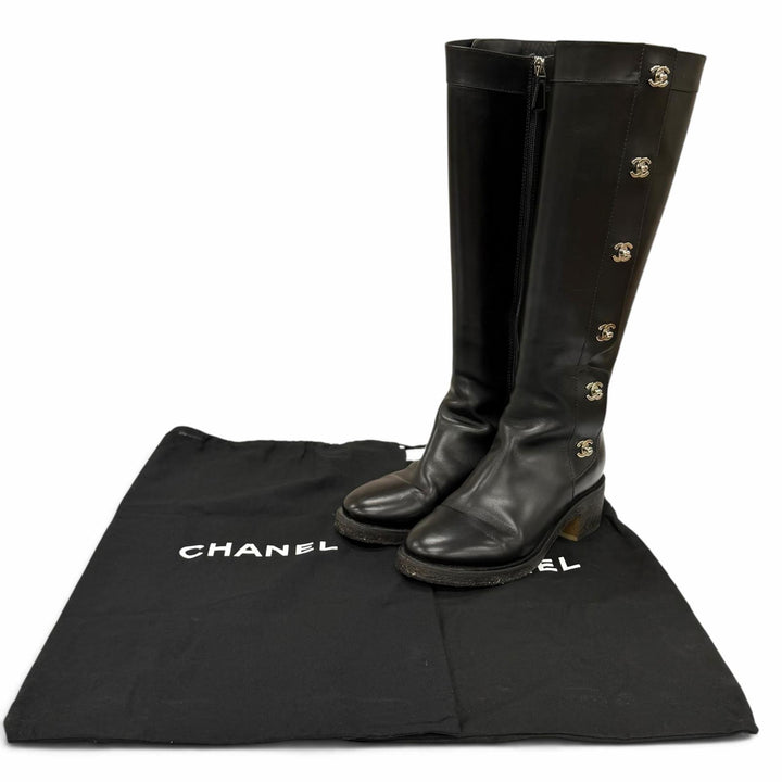 美品★CHANEL シャネル ヴィンテージ ココマーク ターンロック レザー ロングブーツ ブラック シルバー金具 IT 38 イタリア製 保存袋付き