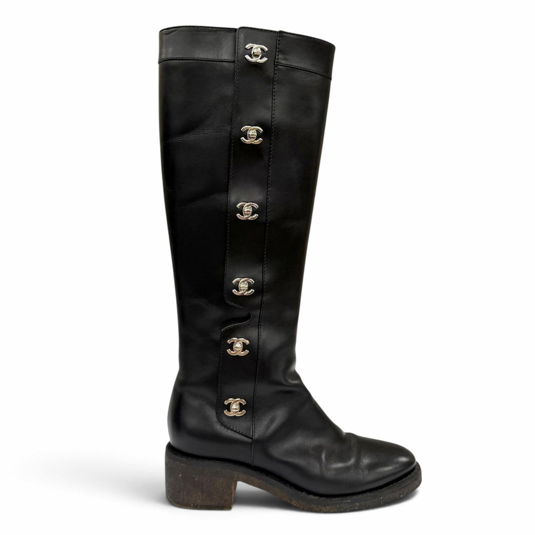 美品★CHANEL シャネル ヴィンテージ ココマーク ターンロック レザー ロングブーツ ブラック シルバー金具 IT 38 イタリア製 保存袋付き
