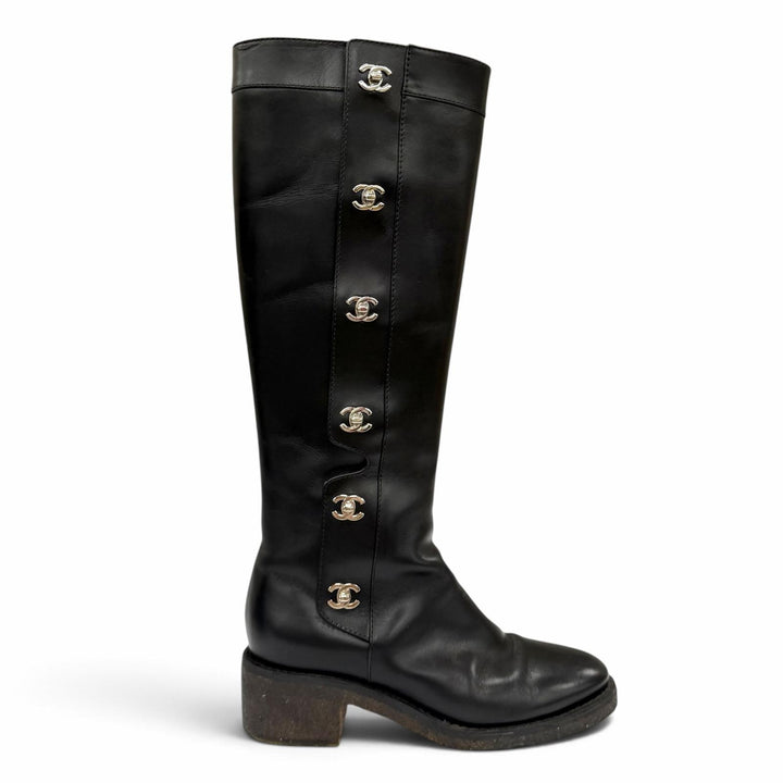 美品★CHANEL シャネル ヴィンテージ ココマーク ターンロック レザー ロングブーツ ブラック シルバー金具 IT 38 イタリア製 保存袋付き