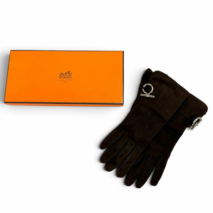 美品★HERMES エルメス ムートン 裏地シルク100％ シルバー金具 グレナン金具 ムートンレザー グローブ 手袋 ブラウン 7.5 仏製 箱付き